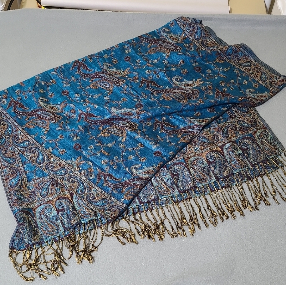 Blue & Gold Paisley Scarf Wrap with Tasseled Ends